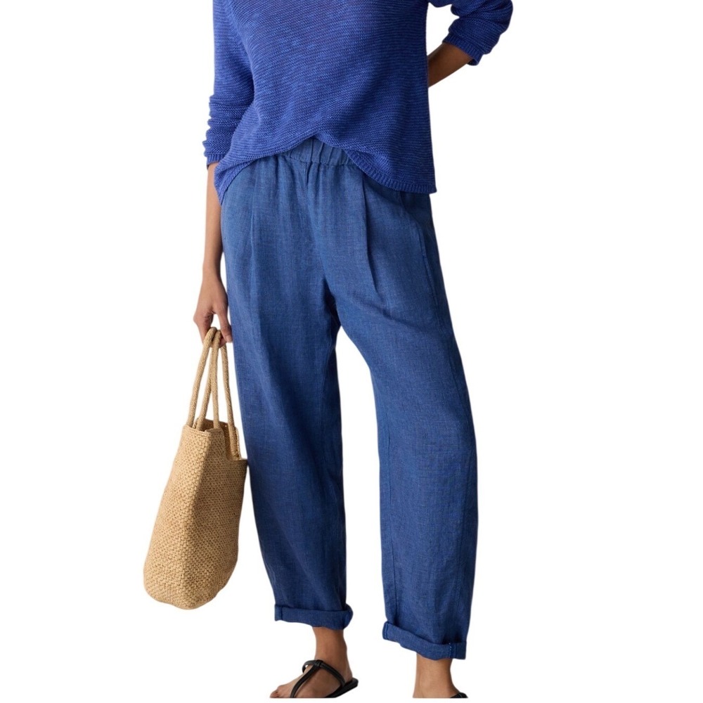 Eileen Fisher Pants Womens XL Blue Organic Linen Relaxed Leg Elastic Waist